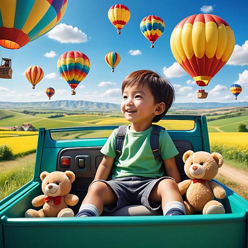 Joyful Boy with Toys in Countryside