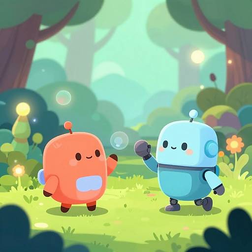 Cute AI Robots in Fantasy Forest