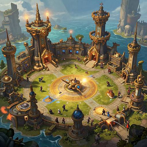 Digital fantasy artwork of a magical, sunlit, circular stone plaza with ornate towers, wizards, and warriors, surrounded by a blue ocean and rocky