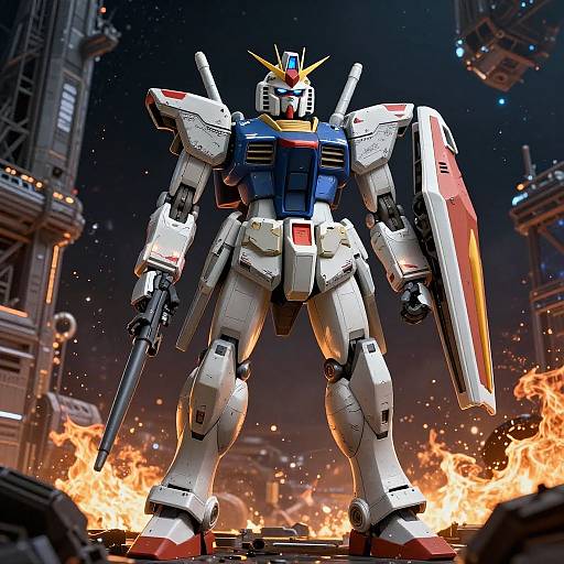 Digital art of a white and blue Gundam-style mecha with red and yellow accents, standing amidst fiery explosions in a dark, industrial background.