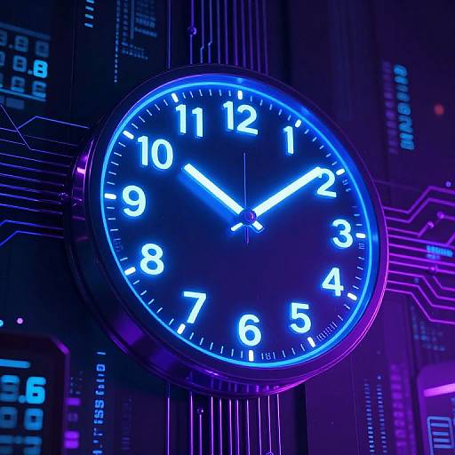 Neon-lit digital clock with glowing blue numbers and hands against a black circuit board background, featuring purple and pink LED lights.