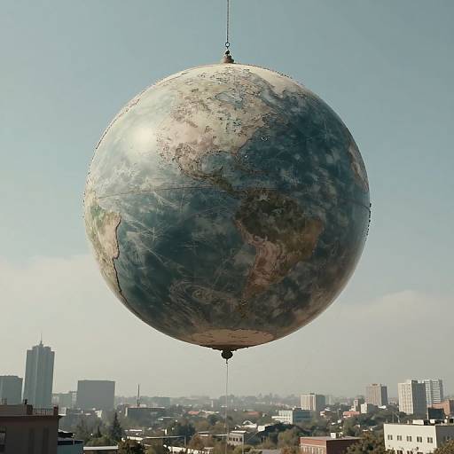 Photograph of a large, reflective, spherical sculpture resembling Earth, suspended by a cable above a cityscape with buildings and a clear blue sky.