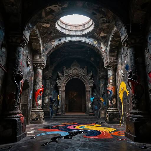 Photograph of a dimly lit, ancient stone archway with vibrant, abstract, colorful sculptures and paintings on walls and floor. Circular skylight