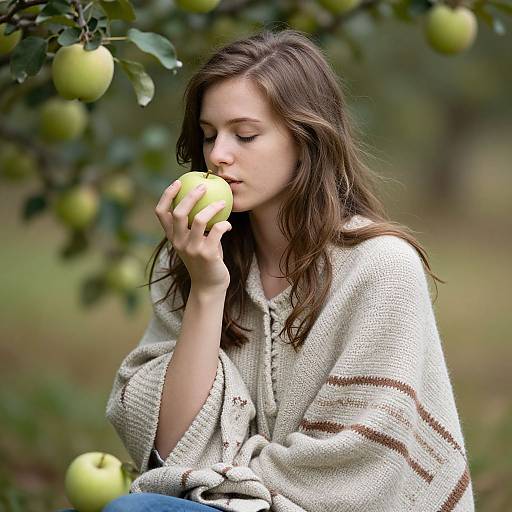 Photograph of a young woman with long brown hair, wearing a beige knitted shawl, gently kissing a green apple under a tree. Blurred