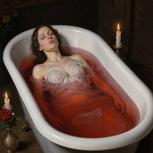 Photograph of a pale-skinned woman with brown hair, wearing a white lace bra, relaxing in a red-tinged bathtub, surrounded by candle