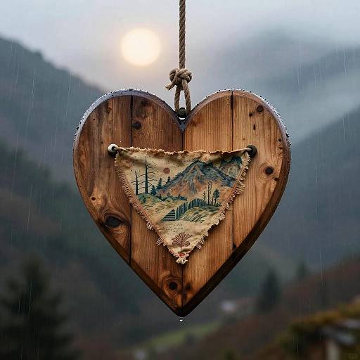 Wooden Heart in Misty Rain