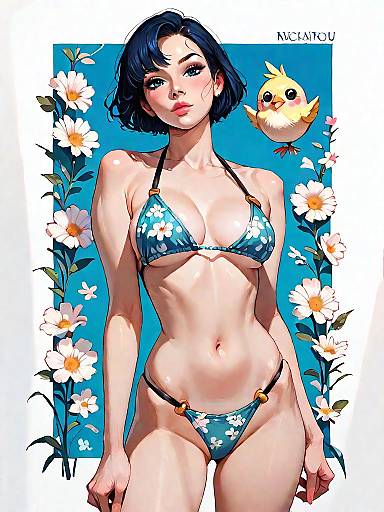 Anime Girl in Floral Bikini on Beach