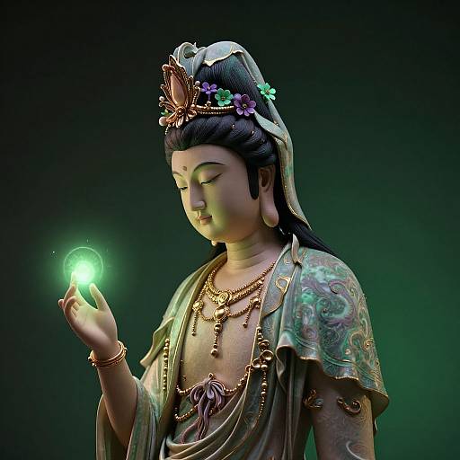 Photograph of a serene Asian goddess statue with closed eyes, holding a glowing green orb, adorned in intricate jewelry and traditional attire, against a dark green