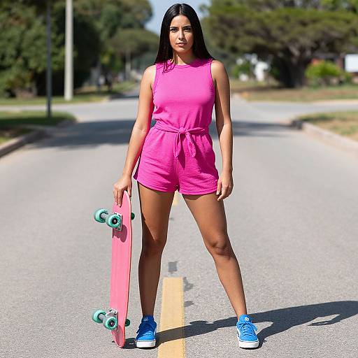 Photorealistic CGI of a young woman with long black hair, wearing a pink sleeveless romper and blue sneakers, standing on a sunny road with