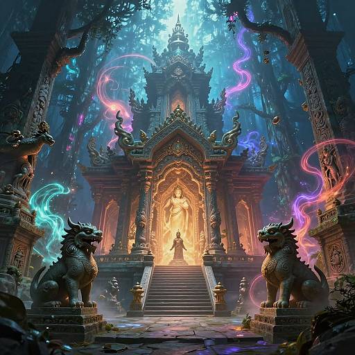 Digital fantasy artwork of an illuminated, ornate temple with glowing blue and pink ethereal flames, flanked by two dark, stone lion statues.