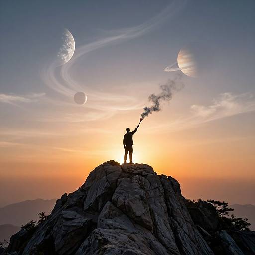 Silhouetted figure on rocky peak, holding smoking pipe, creating planetary shapes in vibrant sunset sky with orange, pink, and blue hues.