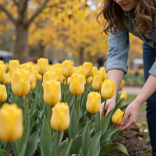 Photograph of a woman with wavy brown hair, wearing a blue denim shirt, bending to touch vibrant yellow tulips in a park with autumnal
