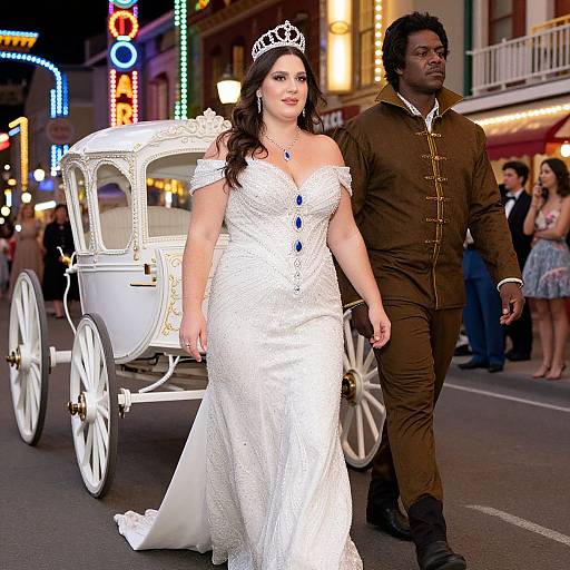 Photograph of a plus-sized woman in a white, off-shoulder wedding gown and tiara, walking beside a tall black man in brown clothing
