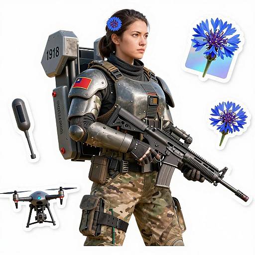 Female Drone Handler in Exosuit with Rifle