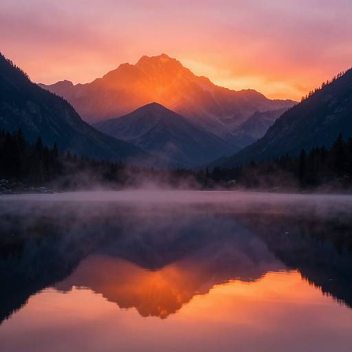 Photograph of a vibrant sunset over a mountain range, with orange and pink hues reflecting on a calm, mist-covered lake.