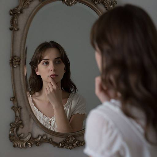 Photograph of a young woman with brown hair, wearing a white lace blouse, standing in front of an ornate oval mirror, thoughtfully touching her