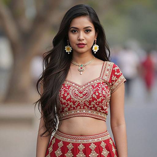Photograph of an Indian woman with long black hair, wearing a red and gold traditional crop top and skirt, adorned with floral jewelry, standing outdoors with