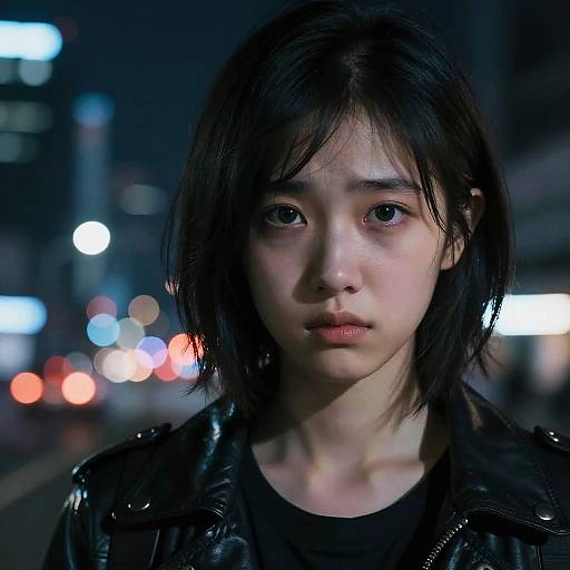 Nighttime photograph of a young Asian woman with short black hair, wearing a black leather jacket, with a serious expression, blurred city lights in the background