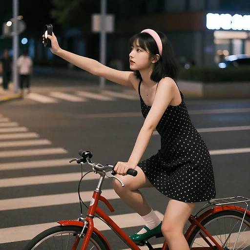 Young woman signaling on red bicycle at night
