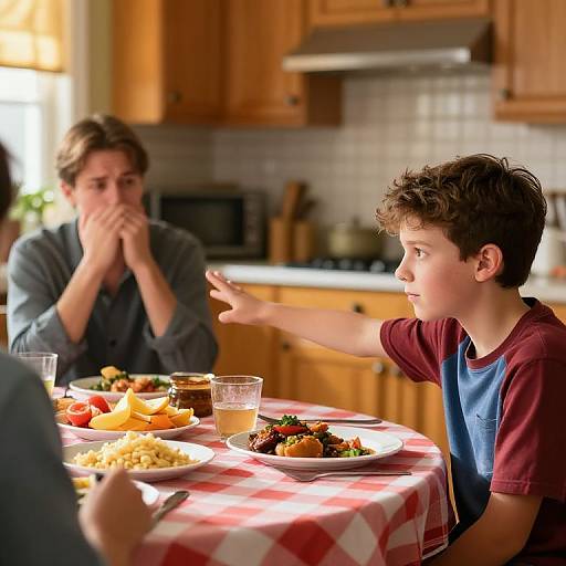 Photograph of a kitchen scene: young boy in red-blue shirt gestures to another person, who covers mouth in surprise, at a table with a red