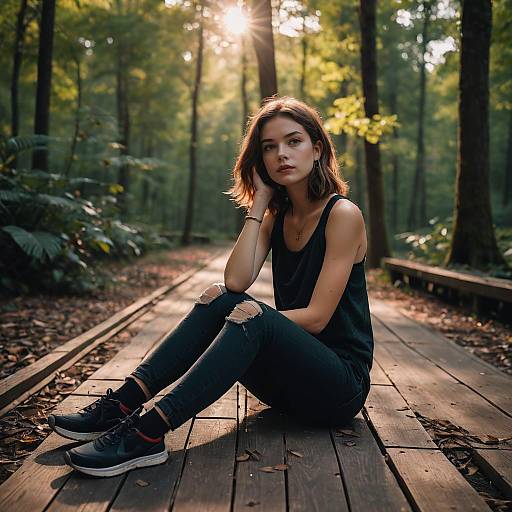 Young Woman Sitting on Forest Boardwalk