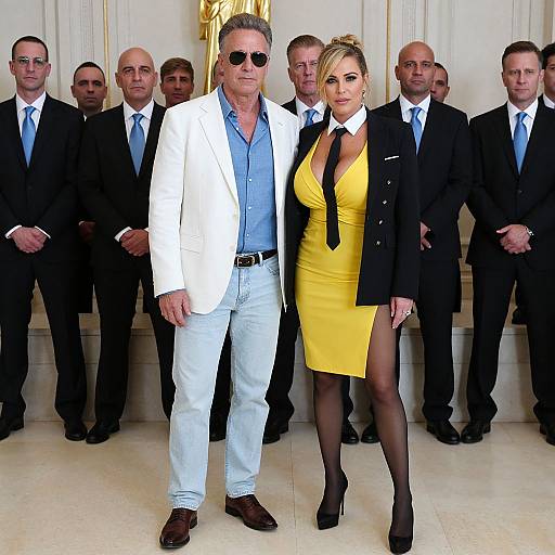 Photograph of a man in a white blazer and blue shirt beside a woman in a yellow dress and black blazer, flanked by nine men