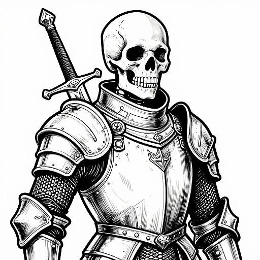 Black-and-white digital drawing of a skeletal warrior in detailed, medieval armor with a sword strapped to the back.
