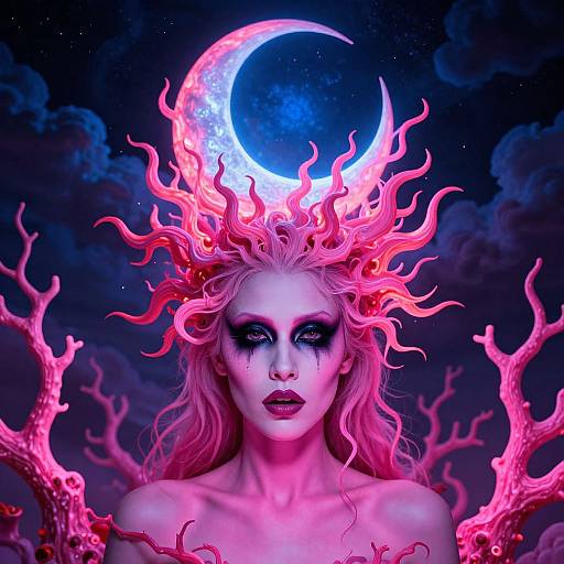 Digital art of a pale, androgynous figure with glowing pink hair and horn-like flames, under a blue crescent moon, surrounded by neon