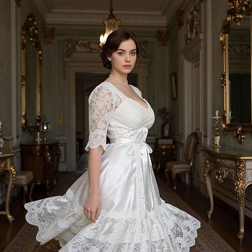 Photorealistic CGI of a beautiful brunette woman in a white lace and satin wedding dress, standing in an opulent, ornately decorated room with gold