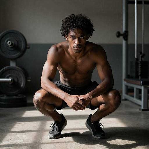 Dynamic Pose of a Crouching Bodybuilder