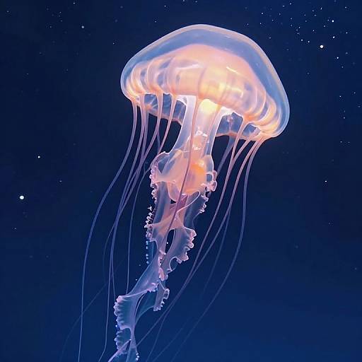 Photograph of a glowing, translucent jellyfish with orange and white accents, long, flowing tentacles, and a dome-shaped bell, floating in a