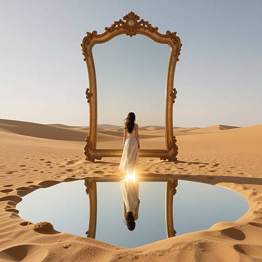 A woman in a white dress stands before an ornate gold mirror and reflection pool in a desert, sun setting.
