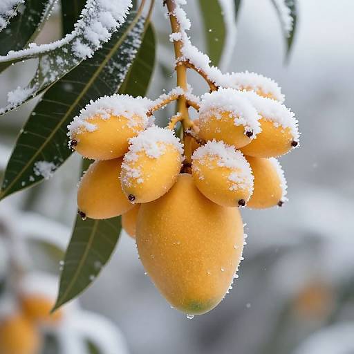 Photograph of snow-covered, vibrant yellow mangoes with water droplets, hanging from a branch with green leaves, in a snowy orchard.