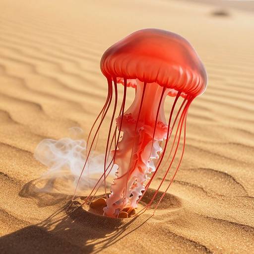 Photograph of a vibrant red jellyfish with long, slender tentacles, floating on golden sand at sunset, casting a shadow below.