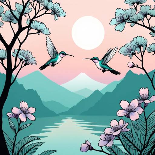 Hummingbirds in Floral Mountain Landscape