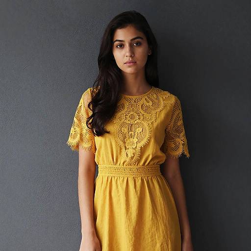 Young Woman in Mustard Yellow Lace Dress