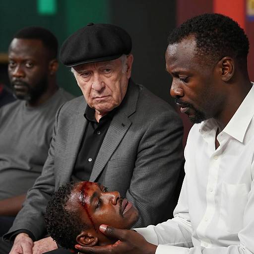 Dramatic Scene of Three Men in Shadows