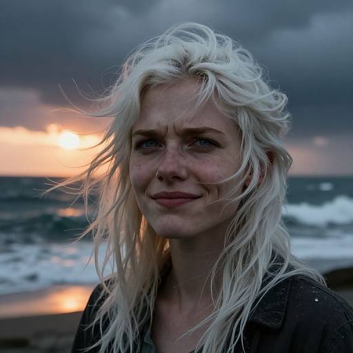 Photograph of a wind-swept, blonde woman with fair skin, blue eyes, and a slight smile, standing at a stormy beach sunset