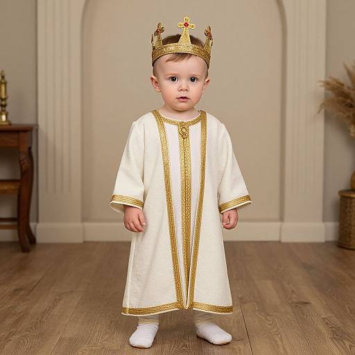 Photograph of a fair-skinned, blonde toddler wearing a white, gold-trimmed royal robe and gold crown, standing on wooden floor in a