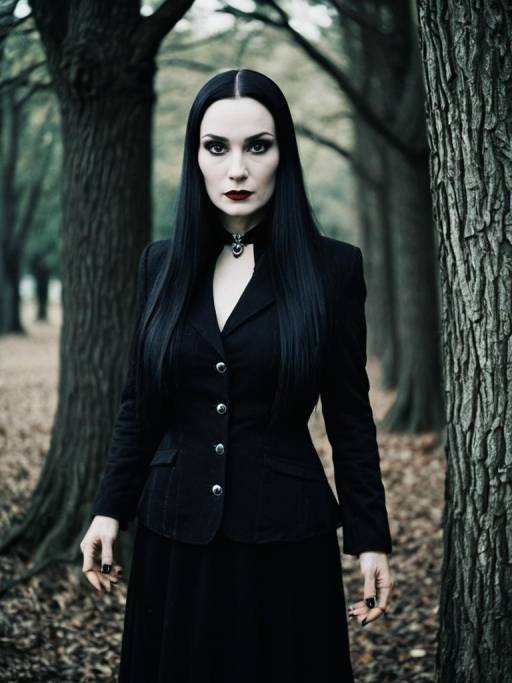 Woman in Morticia Addams Costume in Forest