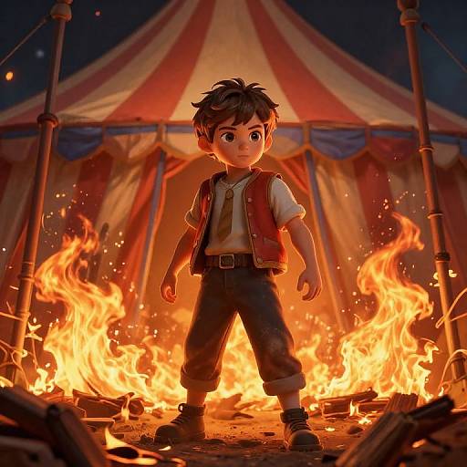 Digital CGI of a wide-eyed young boy with tousled brown hair, wearing a red vest, white shirt, and dark pants, standing confidently in front