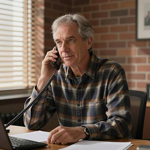 Middle-aged Man Talking on Phone at Desk