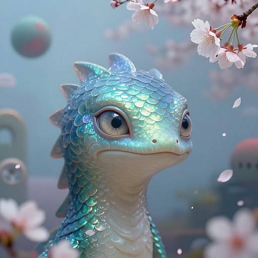 Digital art of a blue, shimmering, dragon-like creature with large eyes, surrounded by cherry blossoms and floating bubbles in a soft, blue sky
