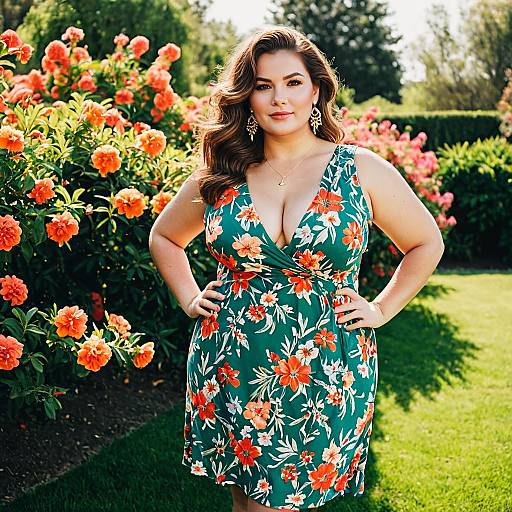 Confident plus size woman in floral dress in garden