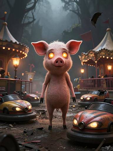 CGI image of a glowing-eyed, furry, anthropomorphic pig standing in a foggy, nighttime carnival with overturned cars and lit-up carousels