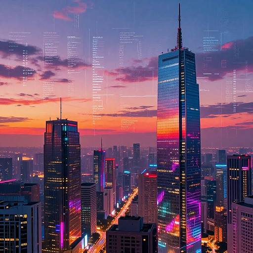 Digital artwork of a vibrant cityscape at sunset, featuring a towering blue-glowing skyscraper, neon-lit buildings, and a colorful sky with