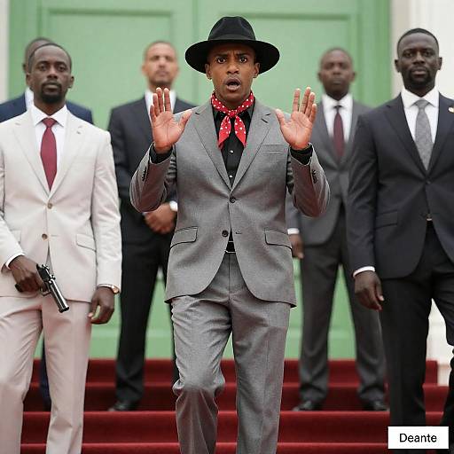 Startled Man on Colorful Staircase