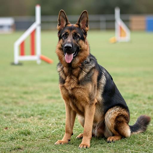 Photograph of a German Shepherd with black and brown fur, sitting on green grass, tongue out, with blurred orange and white obstacle cones in the background