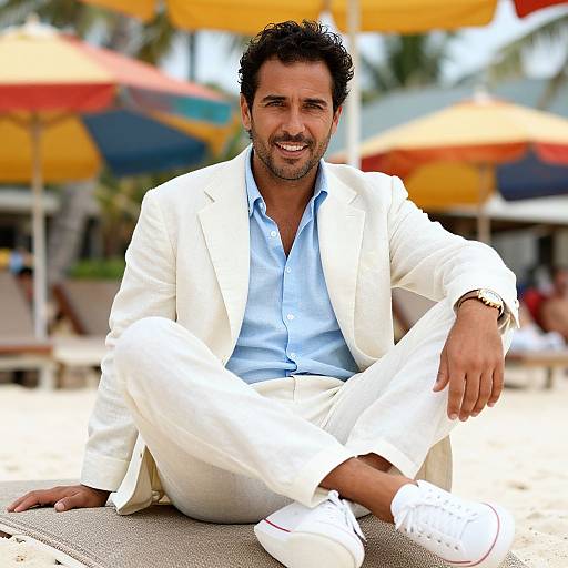 Photograph of a smiling Middle Eastern man with dark curly hair, light brown skin, wearing a white suit, light blue shirt, and white sneakers,
