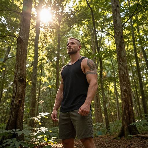 Confident Man in Sunlit Forest